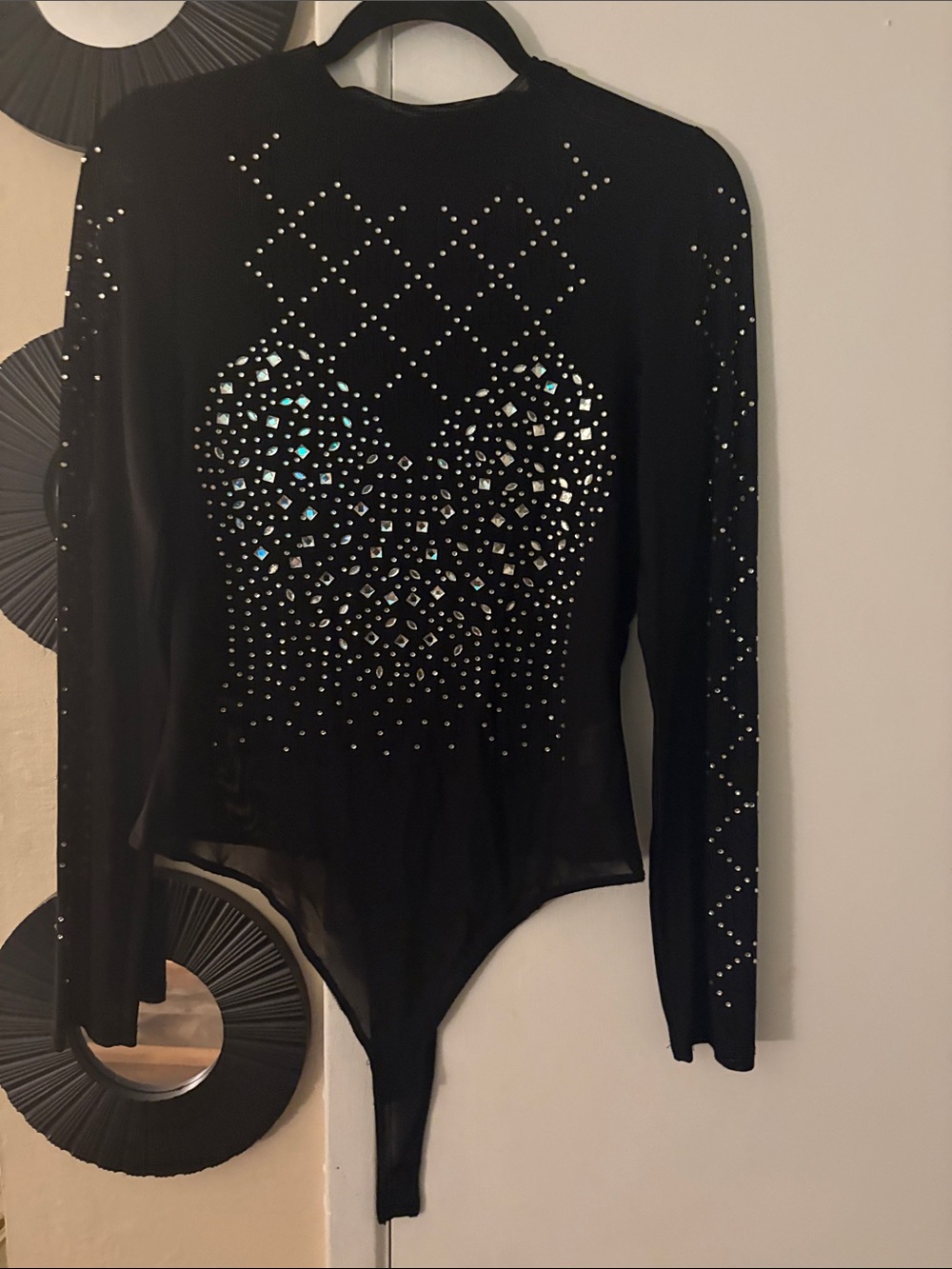 BlackWomen’s Rhinestone Long Sleeve One-Piece Bodysuit